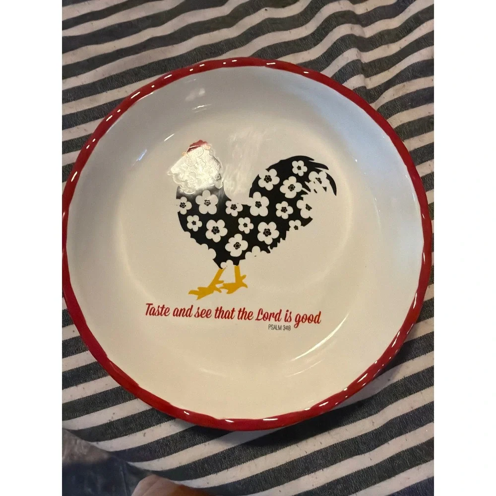 Family Christian Rooster Pie Dish Psalm 34:8 Ceramic Red Scalloped Rim 10.25